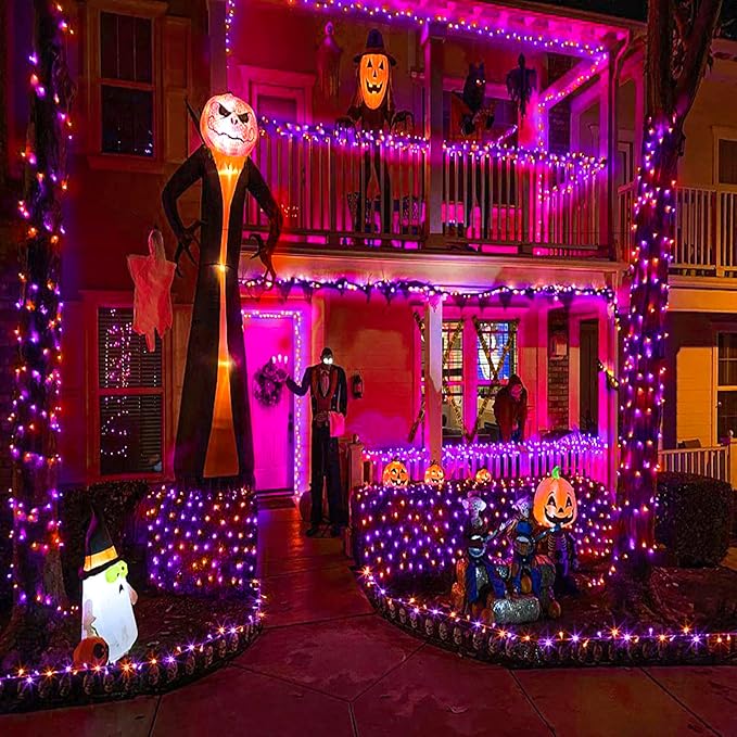200 LED Christmas Lights Outdoor, 66ft Christmas String Lights Indoor Clear Wire 8 Modes Waterproof Plug in Twinkle Fairy Light for Tree Party Garden Decorations, Purple&Orange