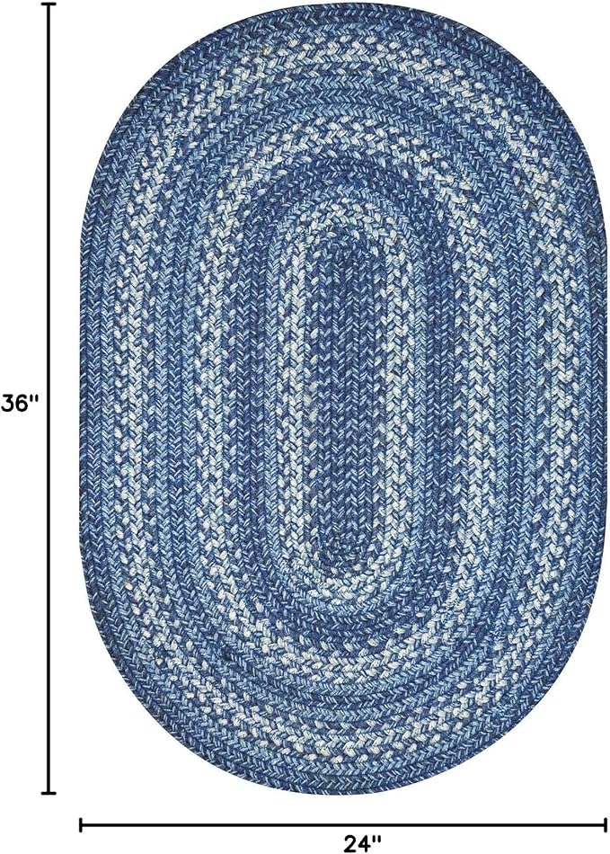Homespice Denim Blue Oval Braided Rugs 2x3' - Country Oval Bathroom Rugs, Durable, No Shed Jute for Low Maintenance.