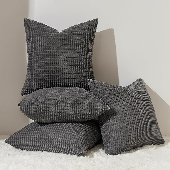 Topfinel 4 Packs Dark Grey Decorative Throw Pillow Covers 20x20 Inch for Living Room Couch Bed, Rustic Modern Farmhouse Home Decor, Soft Corduroy Bulge Cute Accent Square Cushion Case 50x50 cm