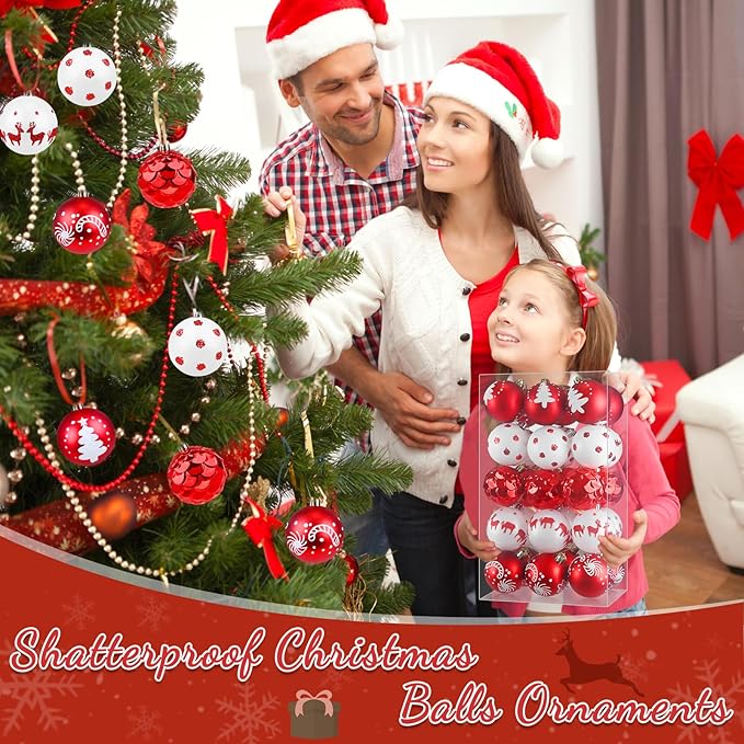 Christmas Ornaments Balls - 30 Pcs 2.4 Inch Shatterproof Plastic Christmas Balls Sets, Red & White Small Christmas Tree Ball Hanging Ornaments for Holiday Wreath Party Christmas Tree Decor (H)
