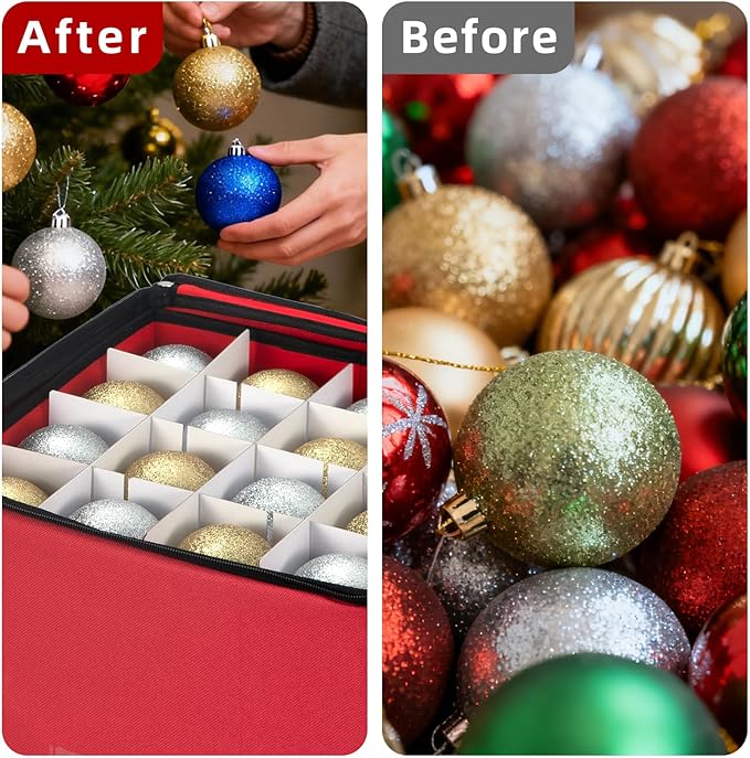 inin Christmas Ornament Storage Box with Adjustable Dividers,Christmas Ornaments Organizer with Zippered Top,Storage Container Bin for Holiday Decorations(64 Ball, Red, with Tray)
