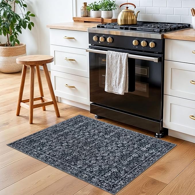 2x3 Washable Area Rug for Entryway, Black Non-Slip Soft Indoor Door Mat Distressed Floral Low-Pile Kitchen Rugs, Neutral Vintage Carpet for Entrance Farmhouse