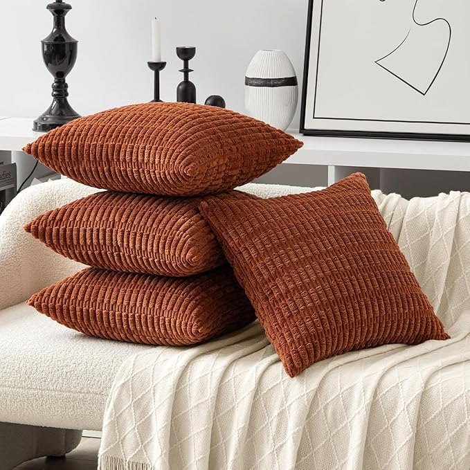 MIULEE Pack of 4 Fall Dark Rust Corduroy Decorative Throw Pillow Covers 18x18 Inch Soft Boho Striped Pillow Covers Modern Farmhouse Home Decor for Sofa Living Room Couch Bed