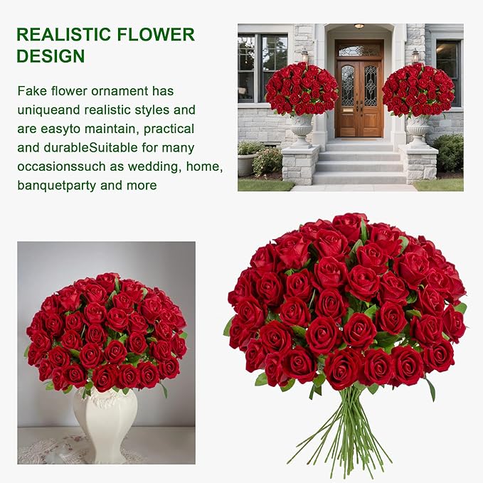 19.6" Artificial Flowers Roses Touch Fake Rose Bouquet Flower Stem for Wedding Centerpieces DIY Wreath Home Decorations Silk Roses Mothers Party Fake Outdoor Flowers Decor(50PCS Red)