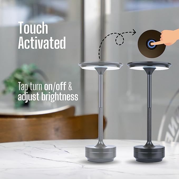 Cordless Rechargeable Touch Lamp 5000mAh Battery, 20+ Hours Use, USB-C Charging, 3 Color & Brightness Settings, Aluminum Table Lamp for Bedroom, Dining, Office or Cafe (Black)