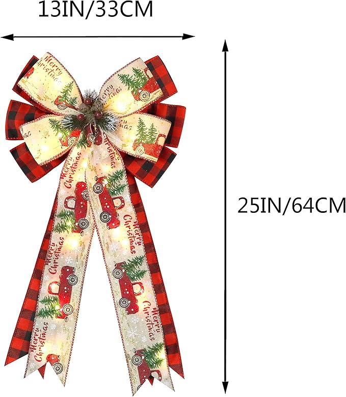 Christmas Tree Topper Bow with 30 LED Lights Decorations, 13”x25” Xmas Large Red Black Buffalo Plaid Rustic Farmhouse Wreath Bows with Truck Berries Pine Cones Pine Needles for Front Door Outdoor