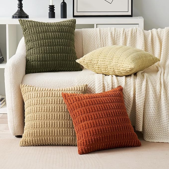 MIULEE Pack of 4 Boho Farmhouse Corduroy Decorative Throw Pillow Covers 18x18 Inch for Sofa Living Room Couch Bed Modern Retro Soft Striped Pillow Covers Home Decor Brown Green