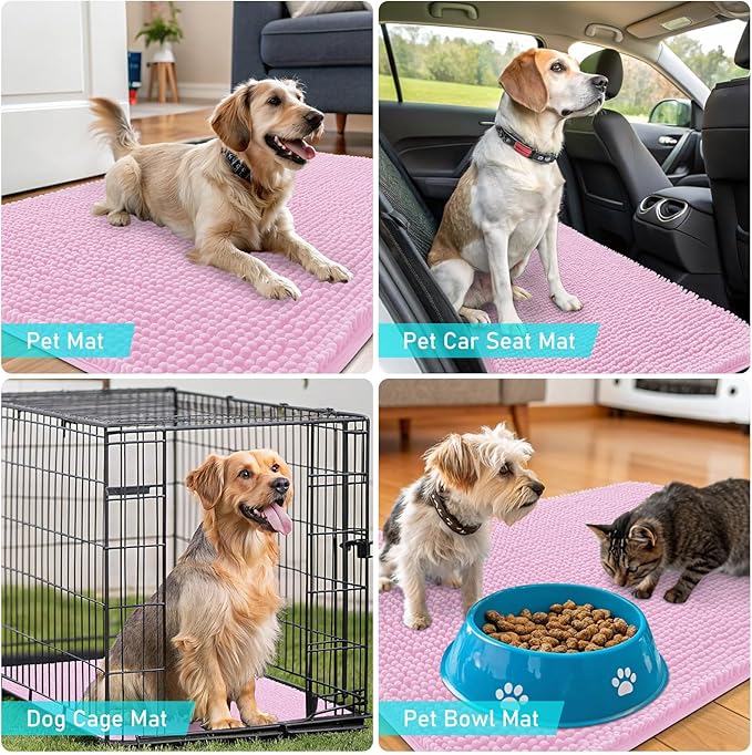 OLANLY Dog Door Mat for Muddy Paws 59x20, Absorbs Moisture and Dirt, Absorbent Non-Slip Washable Doormat, Quick Dry Chenille Mud Mat for Dogs, Entry Indoor Entryway Carpet for Inside Floor, Pink