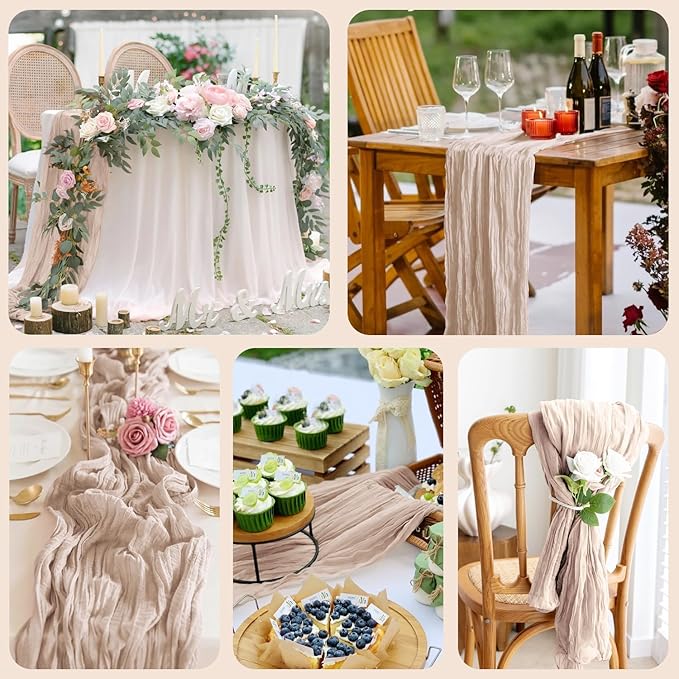 4PCS Table Runner Cheesecloth 10FT Nude Pink Boho Gauze Cheese Cloth Rustic Sheer Table Runners for Wedding Birthday Bridal Baby Shower Party Decoration
