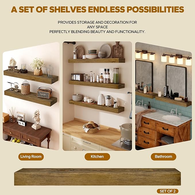 Floating Shelves 3 inch Thick for Wall Set of 2,Solid Pine Wood Wall Mount Shelf for Kitchen Living Room Bedroom Bathroom,8" D x 30" L x 3" H-Black Walnut