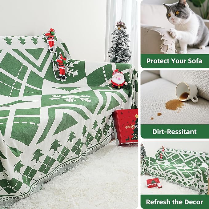 Christmas Couch Cover with Gift Box, Sofa Cover Christmas Tree and Snowflake Design, Sofa Cover for 3 Cushion Couch, Holiday Couch Cover Blanket, Xmas Home Room Festival Decoration, Xmas Gifts