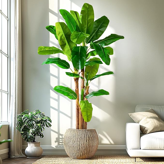 8.2FT Artificial Banana Tree Tall Fake Banana Leaf Plant Faux Banana Silk Tree Faux Banana Leaves for Home Swimming Pool Indoor Outdoor Patio Tropical Decor