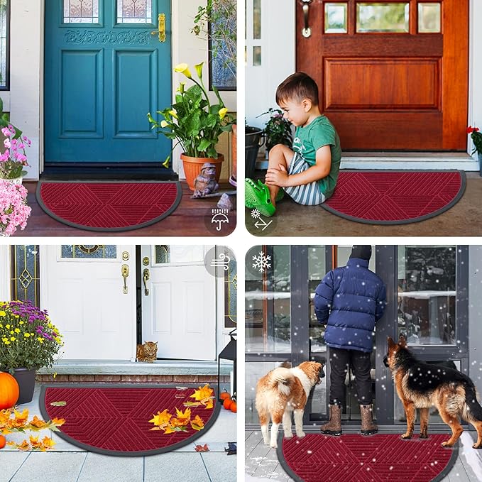 Smiry Half Circle Front Door Mat Outside Entrance, Heavy Duty Sturdy Natural Rubber Doormat, Trap Dirt and Moisture, Low Profile Mats for Indoor Outdoor Entry, Irregular Triangle (35x23, Wine Red)