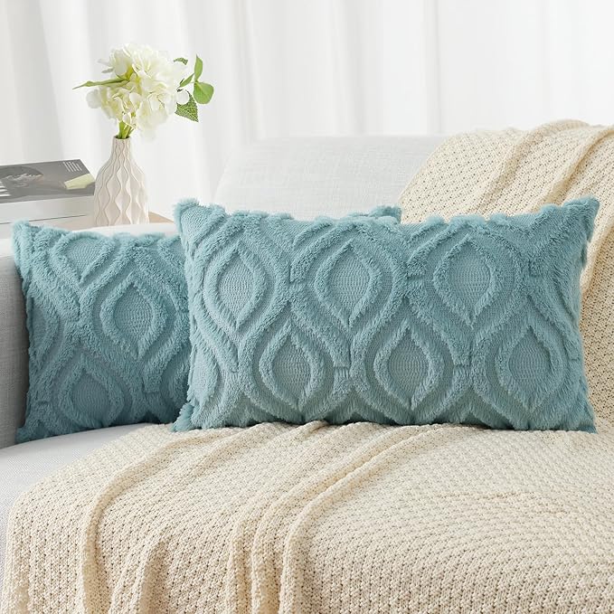 decorUhome Throw Pillow Covers 12x20 Inch Set of 2, Soft Plush Faux Wool Aqua Solid Couch Pillow Covers, Accent Farmhouse Neutral Lumbar Pillow Cases for Sofa Bed Living Room