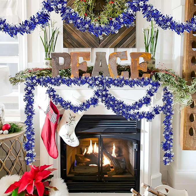 66 Ft Hanukkah Tinsel Garland Blue Metallic Garland with Silver Stars Hanukkah Chanukah Decorations for Outdoor Indoor Holiday Party Christmas Supplies