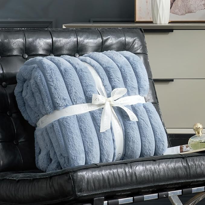 Cozy Bliss Faux Fur Throw Blanket for Couch, Cozy Warm Plush Striped Blanket for Sofa Bedroom Living Room, 90 * 90 Inches Light Blue