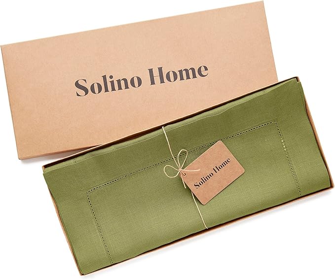 Solino Home Linen Avocado Green Table Runner 90 Inches Long - 100% Pure Linen Hemstitch 14 x 90 Inch Table Runner for Dining, Spring, Easter, St Patricks Day - Classic Hemstitch