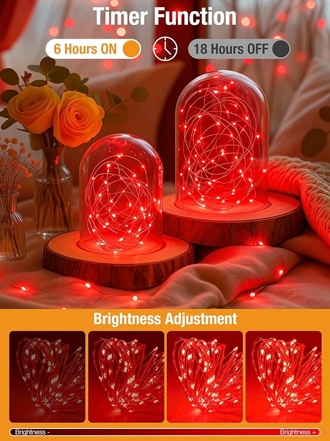 btfarm Fairy Lights Battery Operated with Timer 8 Modes, 16.4 FT 50 LED Silver Wire Twinkle String Lights Battery Powered Dimmable Waterproof for Indoor Home Party Wedding Christmas Decor, Red