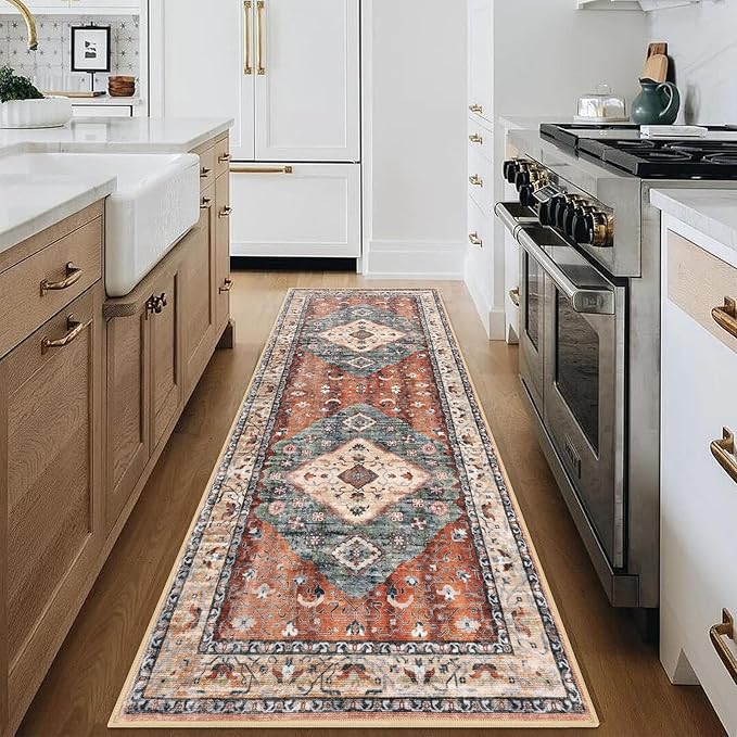 KOZYFLY Runners for Hallways 2.6x8 Ft Washable Kitchen Runner Rug Boho Runner Rug for Entryway Indoor Rust/Orange/Blue Printed Oriental Faux Wool Floor Carpet Runner for Bedroom Kitchen Hall