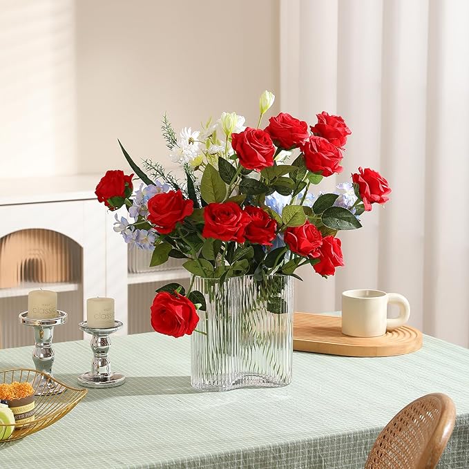 Hawesome 12PCS Artificial Silk Flowers Realistic Roses Bouquet Long Stem for Home Wedding Decoration Party A-Red -1