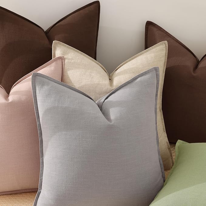 decorUhome Christmas Decorative Linen Throw Pillow Covers 24x24 Inch Set of 2 Pink Soft Pillow Covers with Flange Edges Soft Farmhouse Boho Accent Pillow Cases for Couch Sofa Bed Living Room