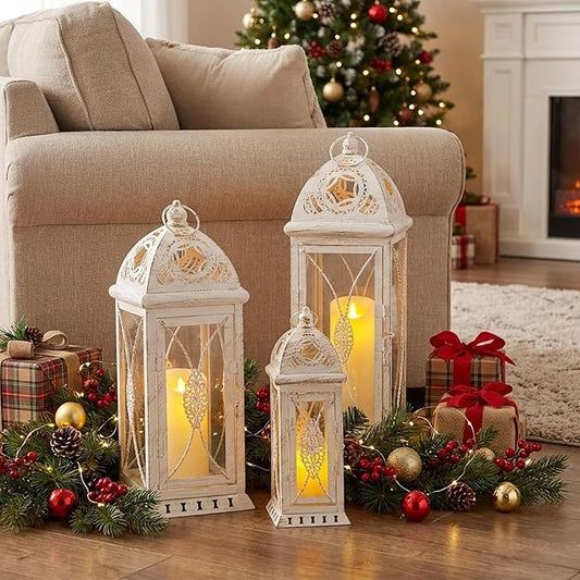TRIROCKS Set of 3 Large Decorative Candle Lanterns 22''&16"&11" H Vintage Candle Holders for Garden Yard Patio Wedding Parties Events Christmas Indoors Outdoors(Beige with Gold Brush)