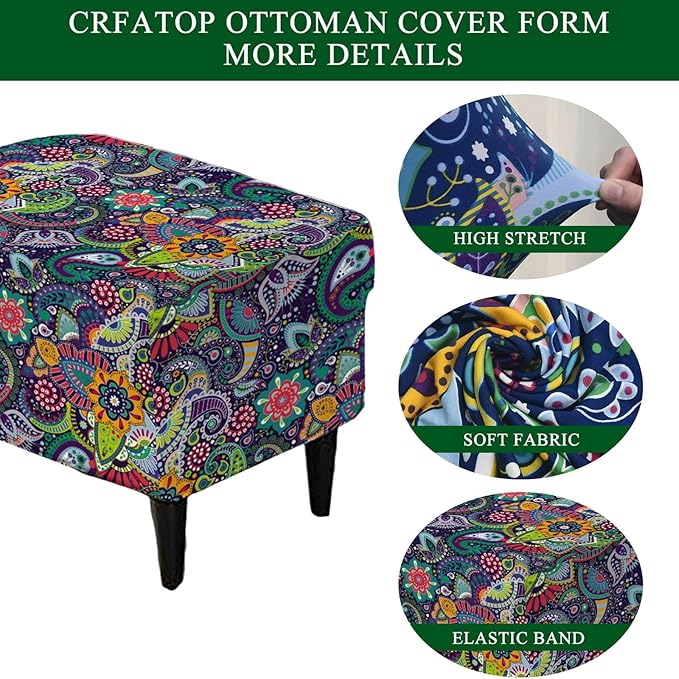 CRFATOP Ottoman Chair Cover Large Ottoman Chair Slipcovers Printed Rectangle Storage Stool Cover Stretch Footstool Footrest Furniture Protector for Bar Counter Living Room,C04