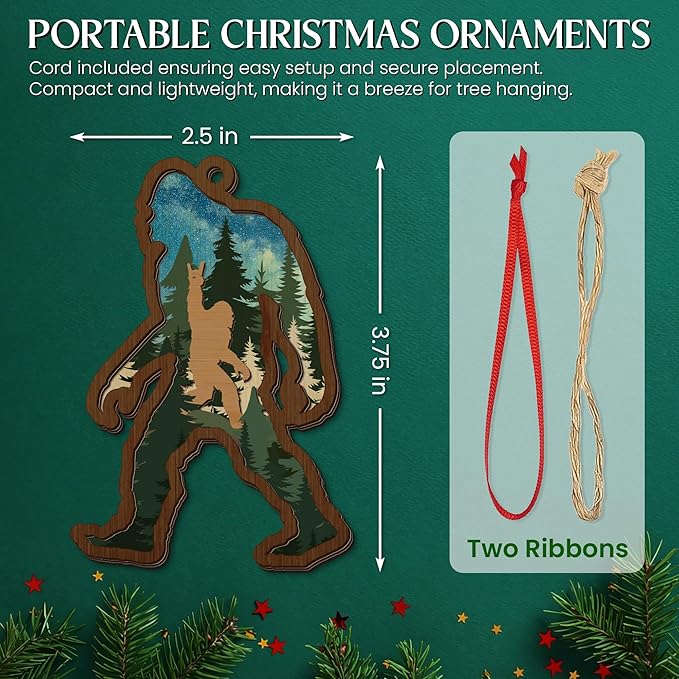 OASSIE Bigfoot Christmas Ornaments Gifts for Men Women - Triple-Layer Wooden Christmas Ornaments 2025 for Tree Decorations - Big Foot Sasquatch Gifts for Friends Family, White Elephant Gift