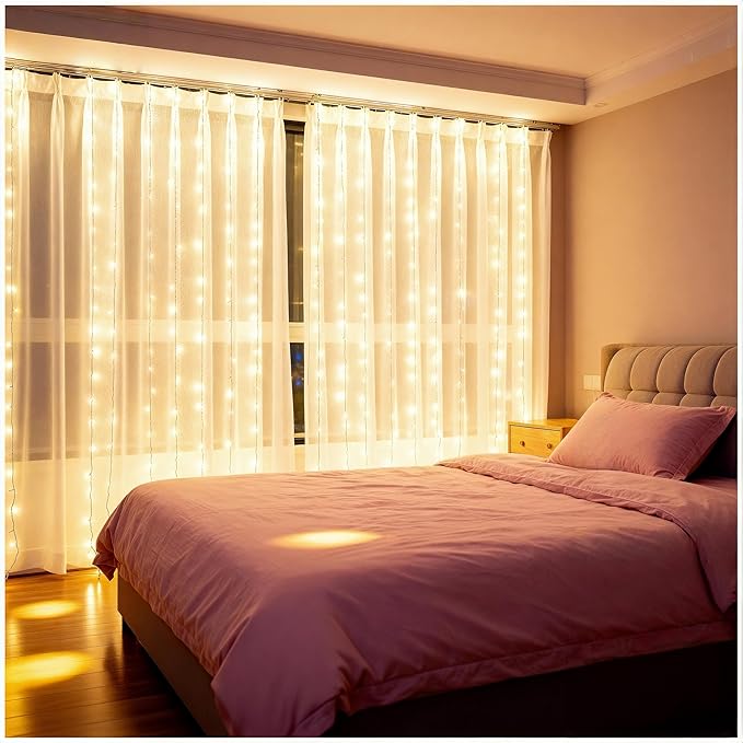 Warm White LED Fairy Curtain Lights, 300 LEDs with Remote Control - 8 Modes Dimmable, USB Plug-in String Lights for Bedroom Wedding Christmas Party Indoor Decor