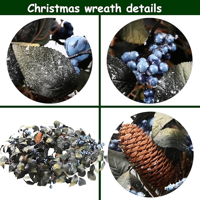 24 Inch Snow Flocked Metallic Look Winter Wreath with Blue Berry & Pinecone- Artificial Christmas Wreaths for Front Door Porch Wall Window Porch Fireplace Outdoor Décor