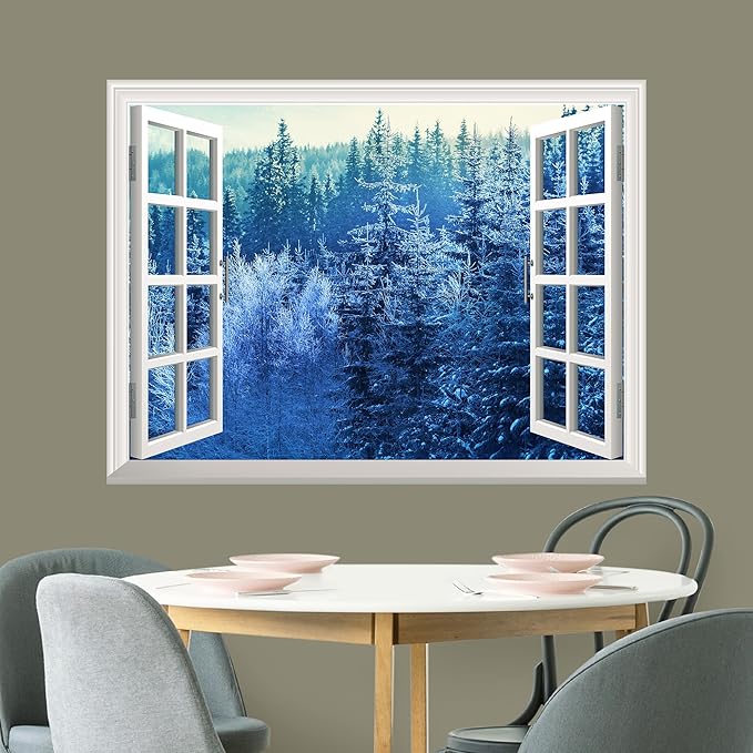 wall26 - Modern White Window Looking Out Into a Blue Snowed Pine Tree Forest - Wall Mural, Removable Sticker, Home Decor - 36x48 inches