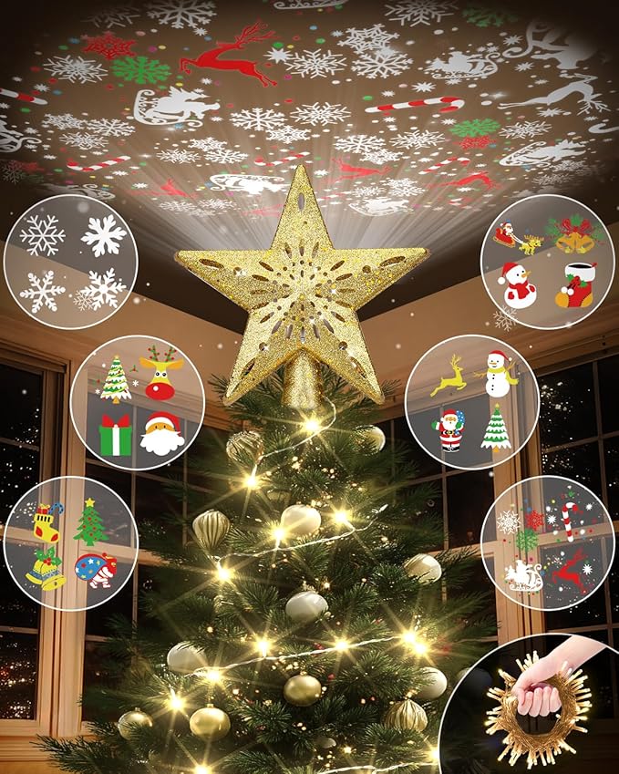 Christmas Tree Topper Star Lighted with Warm Christmas Light Cord, Built-in 6 Projected Patterns, 3D Glitter LED Rotating Lights for Party Holiday Xmas Decorations Gifts (Glod)