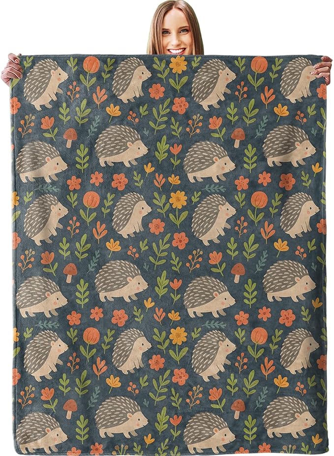 Cute Hedgehog & Floral Blanket - Plush, Soft, Comfy, Lightweight, Warm, Fuzzy, Cozy Flannel Throw Blanket for Couch, Travel, Bed, Office, Outdoor - 60in×80in