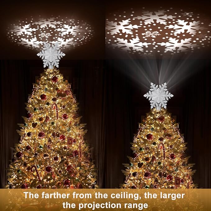 Christmas Tree Topper Lighted with 6 Projected Patterns, Christmas Star Tree Topper Built-in LED Rotating Lights, 3D Glitter Projector for Party Holiday Xmas Decorations Gifts (Snowflake)