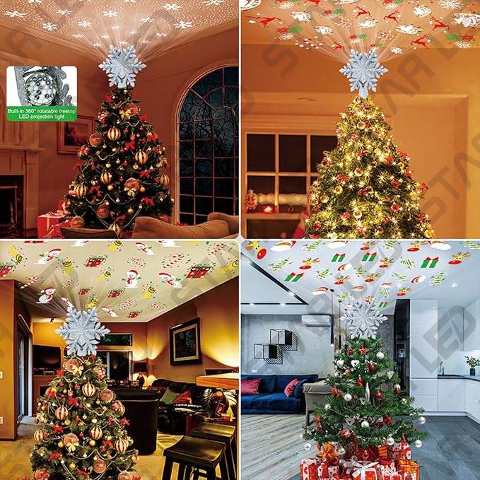 ME JO Christmas Tree Topper | Christmas Tree Decoration Hollow Glitter Snowflake with 3D Rotating LED | with 6 Projection Plug in Star Christmas Tree Projector for Indoor Office Xmas New Year
