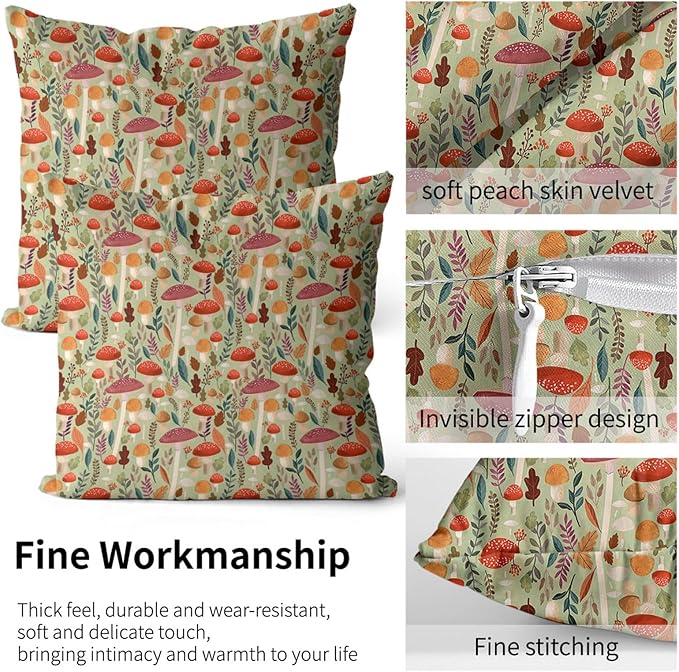 Boho Pillow Protectors with Zipper Standard Size Fun Mushroom Botanical Print Pillow Covers Set of 2 Rustic Nature Plant Bed Pillowcases Spring Colorful Floral Bed Pillow Covers 24"X12"