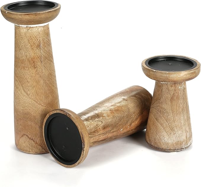 Hand Crafted Wooden Pillar Candle Holder Set of 3, Ideal for LED and Pillar Candle, Gift for Wedding, Christmas, Party, Home, Spa, Reiki, Aromatherapy, Votive Candle Garden - 10,8,6 Inch - White Wash
