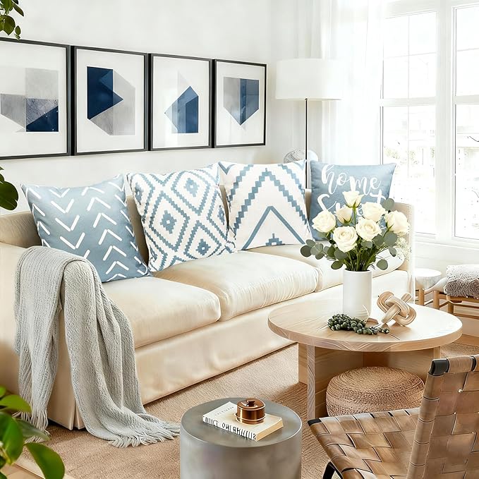 Decorative Throw Pillow Covers 22x22 inch Set of 4 Sky Blue Pillow Covers for Couch Sofa Bed Living Room,Farmhouse Outdoor Throw Pillow Cover,Modern Geometric Linen Square Throw Pillow Cases