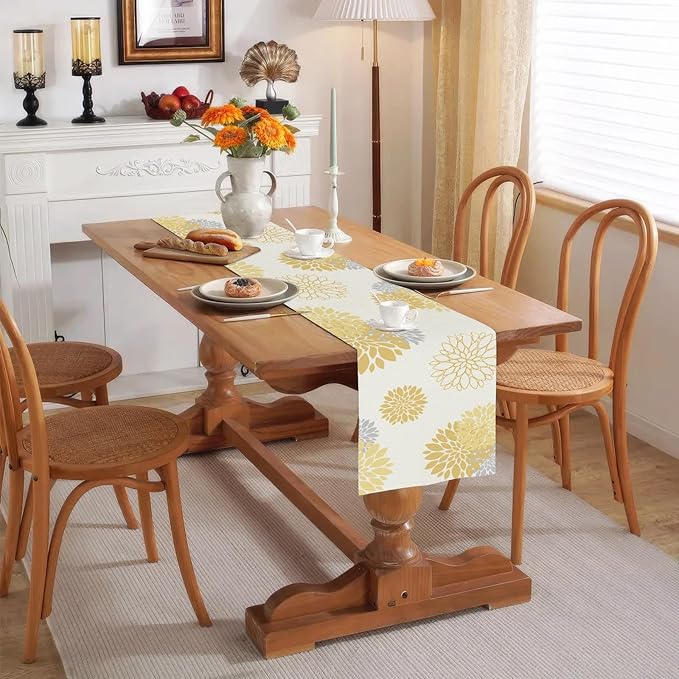 Yellow Gray Table Runner Dahlia Pinnata Flower Beige Table Runners Modern Elegant Pompon Farmhouse Geometric Table Center Decor for Girls Room Dining Party Patio (13 x 108 Inch)