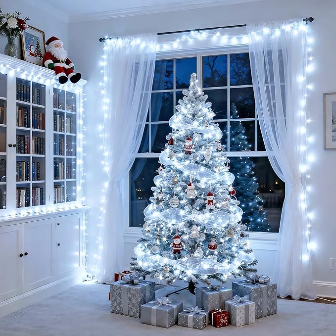 JMEXSUSS 33ft 100 LED White Christmas Lights, 8 Modes Connectable Clear Wire Twinkle Fairy String Lights Indoor, Plug-in Christmas String Lights Outdoor Waterproof for Christmas Wedding Party Tree