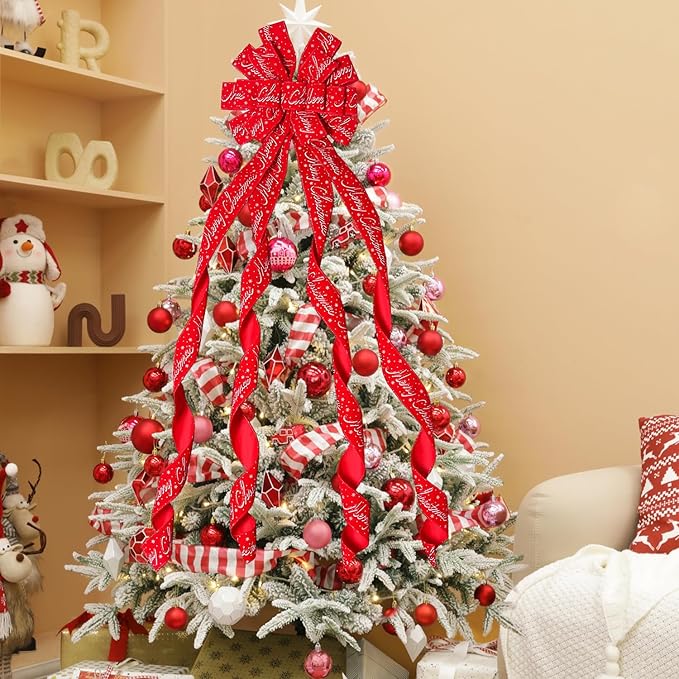 Christmas Tree Topper Christmas Wreath Bow, 52 * 13 inches Tree Toppers Bow with Letter Patterned Ribbon for Xmas Tree Christmas Rustic Farmhouse Home Holiday Party Decorations Red