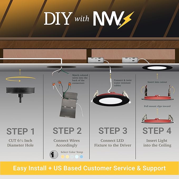 NUWATT 12 Pack Black 2 Hour 6" Fire Rated LED Recessed Lighting, 5CCT 27K/30K/35K/40K/50K, Wet & IC Rated Recessed Light, 15W, Dimmable 1200LM, 90CRI, 6 Inch Black Wafer Lights, No Tenmat Needed, ETL