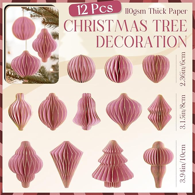 12Pcs Pink Paper Christmas Party Decorations, 3D Honeycomb Paper Hanging Ornaments with Glitter, Finial Honeycomb Lantern Lovely Ornaments for Christmas Trees Winter Wonderland Party