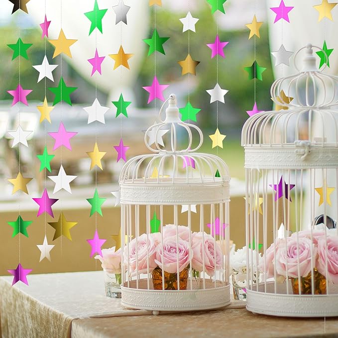 Patelai Glitter Star Garland Banner 2026 New Years Decor 130 Feet Star Hanging Banner Twinkle Backdrop for Birthday Classroom Wedding Christmas Party Supplies(Green,Pink,Gold,Silver)