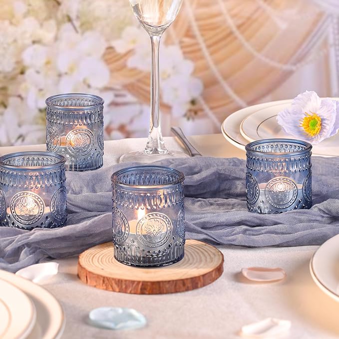 12 Pcs Blue Votive Candle Holders, Glass Tea Light Candle Holders for Wedding Table Centerpiece, Home Decor, Birdal Shower, Party