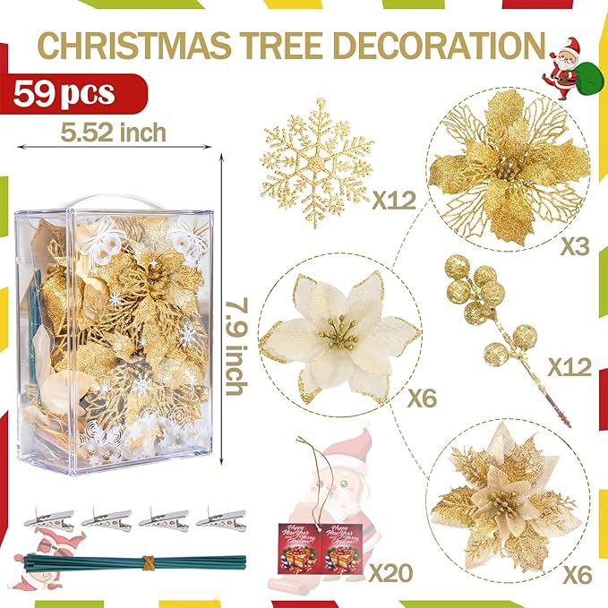 59PCS Gold Christmas Tree Decorations Set, Artificial Christmas Picks, Christmas Tree Filler, Ornaments, Artificial Poinsettia Flowers for Holiday Party Table Xmas Tree Decor