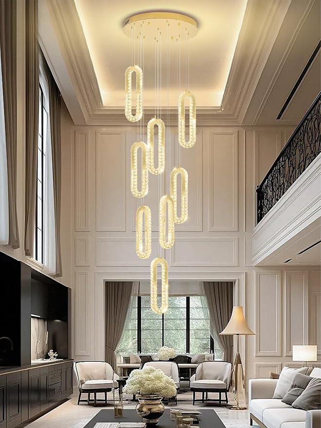 8 Rings Crystal Chandelier,H118 Modern Gold Pendant Light Luxury Foyer Lighting Fixture High Ceiling Chandelier for Entryway,Staircase,Living Room,Villa LED Dimmable 2700K-6000K