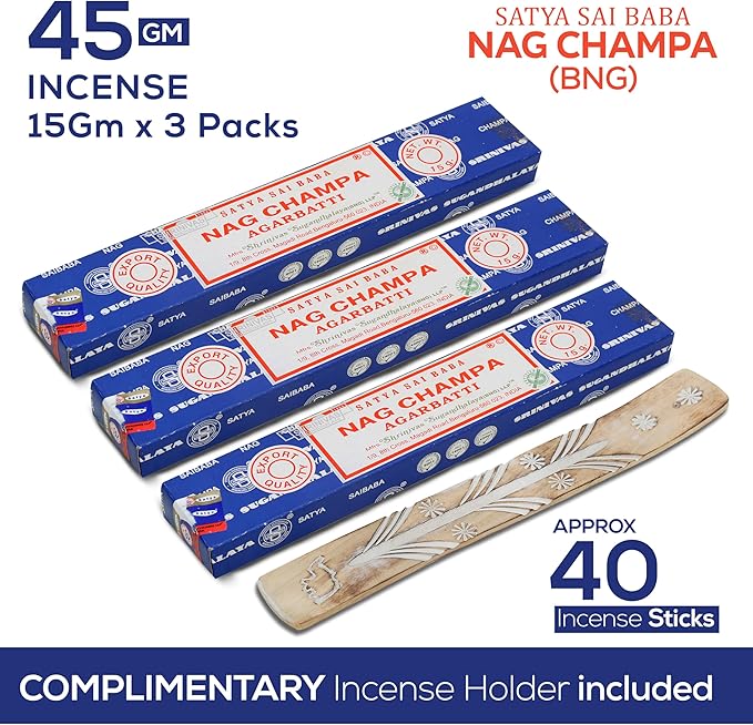 Satya Nagchampa Incense Sticks, Satya Bng (Bangalore) Insenses 15gmx3 Pack (45 GMS) with Raajsee Incence Holder Bundle, Satya Nagchampa Natural Incense