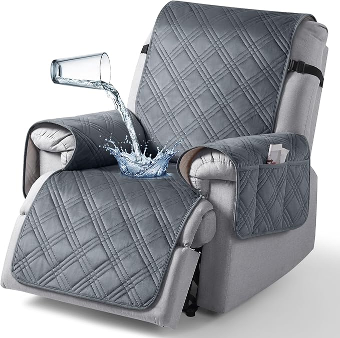 TAOCOCO 100% Waterproof Recliner Chair Cover, Recliner Covers for Recliner Chair with Pocket, Non Slip Reclining Chair Cover Furniture Protector for Kids, Pets(30'', Dark GreyVelvet)
