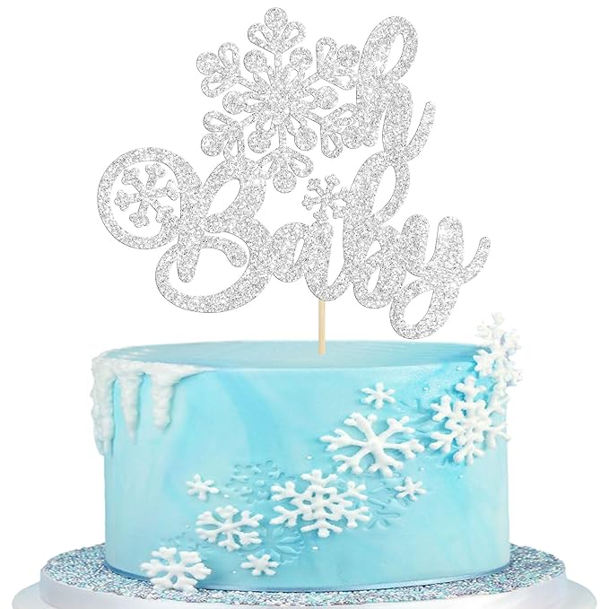 Gyufise 1 Pack Oh Baby Cake Topper Glitter Snowflake Baby Shower Cake Pick Decorations for Winter Theme Kids Birthday Party Supplies Silver